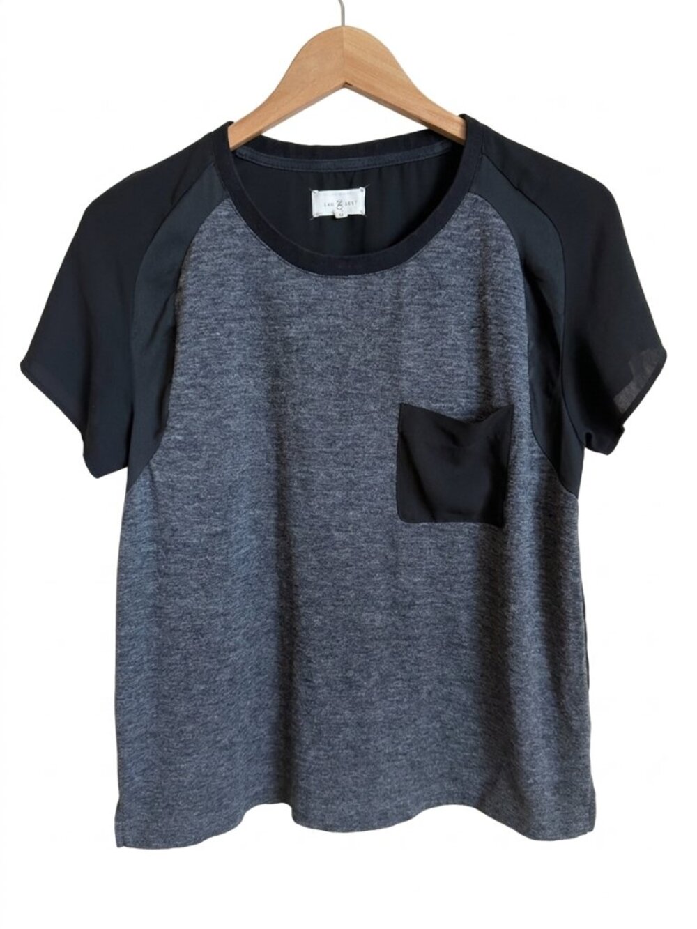 Lou & Grey Mixed Media Sheer Back Pocket Tee Size M Gray Black Short Sleeve